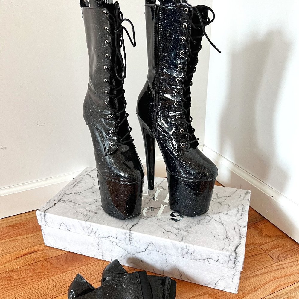 Club Hella Heels Black Glitterati Boot with Protectors - 8 INCH - size 8 -